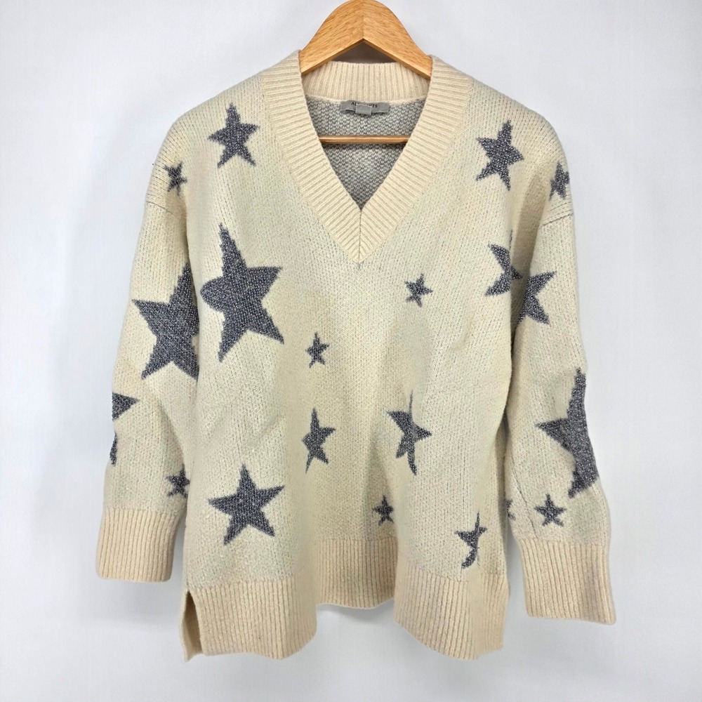 AllSaints Sweater Womens Medium Cream Silver Metallic Star V-Neck Knit Pullover